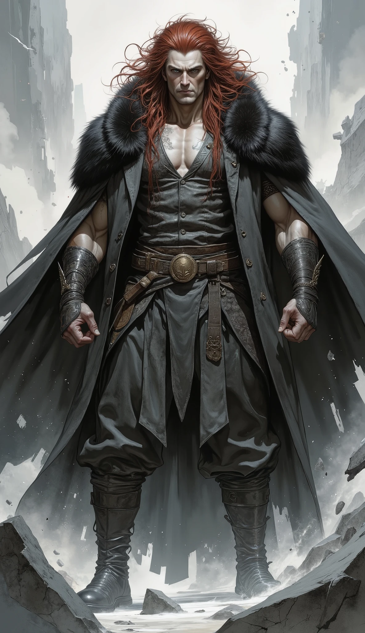 masterpiece, best quality, hyper-detailed, cinematic lighting, professional fantasy character illustration. A tall, immensely muscular middle-aged man, an imposing fantasy wuxia hegemon. He has a rugged face with a serious expression, a confident smirk, and sharp, piercing eyes. A prominent lightning bolt-shaped tattoo is on his left cheek. His hair is a wild, messy mane of long red and black strands. He is dressed in an ornate fantasy wuxia short-sleeved jacket over dark, form-fitting scale mail, with a heavy black fur shawl draped over his shoulders. He wears matching canvas trousers, detailed bracers, and tall black leather boots. He stands in a powerful, commanding pose on shattered ground, his immense aura causing rocks and debris to float in the air around him. Perfect anatomy, perfect hands with five fingers.