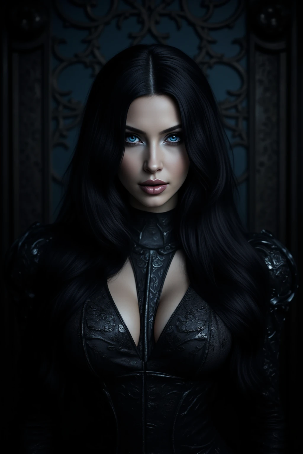 ((Masterpiece)), ((best qualyty)), there is a demonic woman,  linda, (rosto_lindo), pele perfeita, ((globos_oculares_brancos): 1.2), your eyes do not have irises and pupils, olhoss brancos, small horns betray its diabolical origin, ((chifres_pequenos): 1.0), vestido preto, ((cabelos pretos, cabelos lisos,): 1.0), with a black bird on his shoulder, corvo negro, (corvo negro: 1.0), ((perching bird_no_ombro)),  the bird is a black crow, arte de estilo fantasia sombria, gothic fantasy art, arte de fantasia sombria, fantasia sombria misturada com realismo, in style of arte de fantasia sombria, Artgerm e Rossdraws, Artgerm e Tom Bagshaw, vampira com asas de corvo, wlop e artgerm, artgerm extremamente detalhado