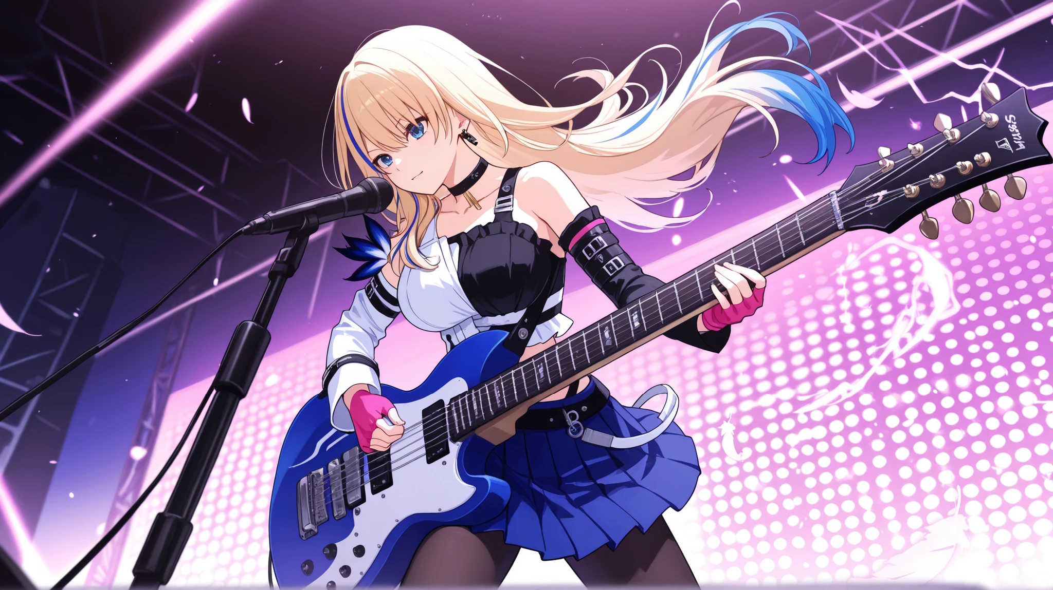 score_9, score_8_above, score_7_above, source_anime, Electric_guitar,playing_ instrument,s3rvall4ndau, long hair, streaked hair, blonde hair, BLUE HAIR, blue eyes, large breasts,white jacket, two-tone shirt, white shirt, black shirt, sleeveless shirt, feathers, detached sleeves, asymmetrical sleeves, white sleeves, black sleeves, arm belt, pink gloves, fingerless Gloves, Blue skirt, pleated skirt, black belt, Black pantyhose, earrings,  black choker , bare shoulders, collarbone,