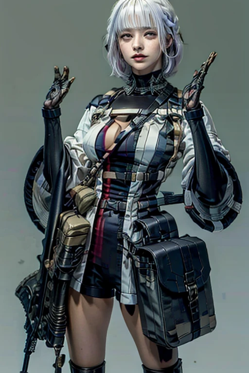 a young girl,blue eyes, beautiful detailed lips, extremely detailed face, long eyelashes, girl in black spacesuits with gold accents, ,sitting on a ammo crate , pin up pose, detailed muscular body, ponytail hairstyle, full body, beautiful detailed lips, light smile on face, full length photo, full-body shot , she has black space boots. body focus, Beautiful body, Beautiful character design , full body view, adult, full clothes, Beautiful Face, light smile, abs, empty background,(looking at viewer),nsfw, full body view, black boots, black shortie, silver hair with pink accents,NSFW