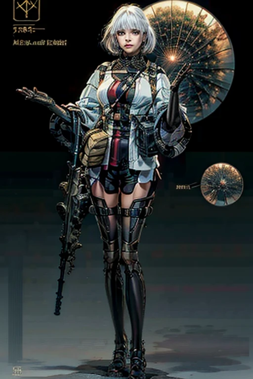 (White background:1.2) (Minamoto no Raikou) Samurai cyborg girl with a mechanical full body looking to viewer symmetrical body left to right side, big knockers, holding a rifle gun bolter into [both] hands, space marine, armor, adepta sororitas, curvy, yellow bright eyes, and a white bob haircut, a leather choker, big belt, bracers and a tiara.