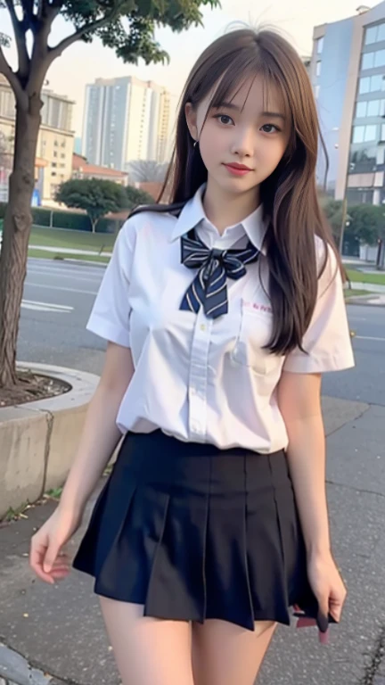 Highest quality, masterpiece,8k, Ultra-high resolution, (Realistic: 1.4), RAW Photos, Dynamic Pose,((uniform)),Young,1 girl, Black Hair, Glowing Skin, classroom, Dramatic lighting, whole body, high school girl,(underwear)