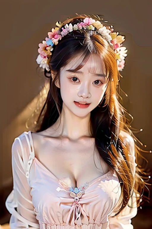18-year-old girl,Beautiful looks,bouquet of flowers,dream,pink tone,short dress,Strapless,Off the shoulders,Snow-white chest