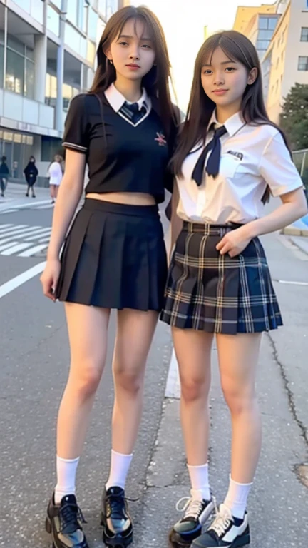 masterpiece, top quality, full body, bangs, black choker, 2girls, lily, lesbian kiss, kiss, (black hair), long hair, hug, cleavage, bountiful breasts, gym clothes, navy blue bloomers, slim, see-through, micro mini skirt, pleated skirt,
