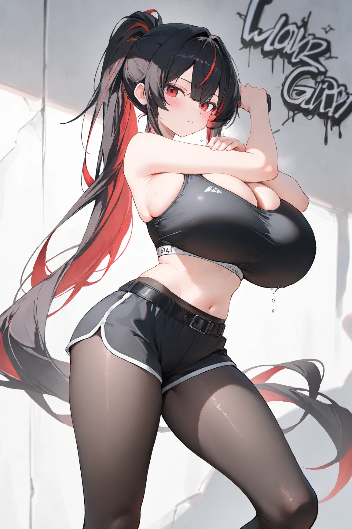 black hair, female, twin drills, solo, smol, pink eyes, massive breasts, very long hair, wear open cut black tight tank top and leggings, masterpiece, ultra high quality