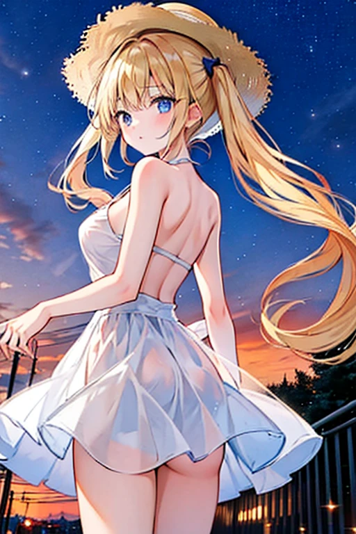 (masterpiece)、(highest quality)、(Super detailed)、(best anatomy)、official art、pretty girl、Lori with light-colored hair、Petite girl、shoulders are exposed、beautiful breasts、Thigh exposure、Fantastic starry sky