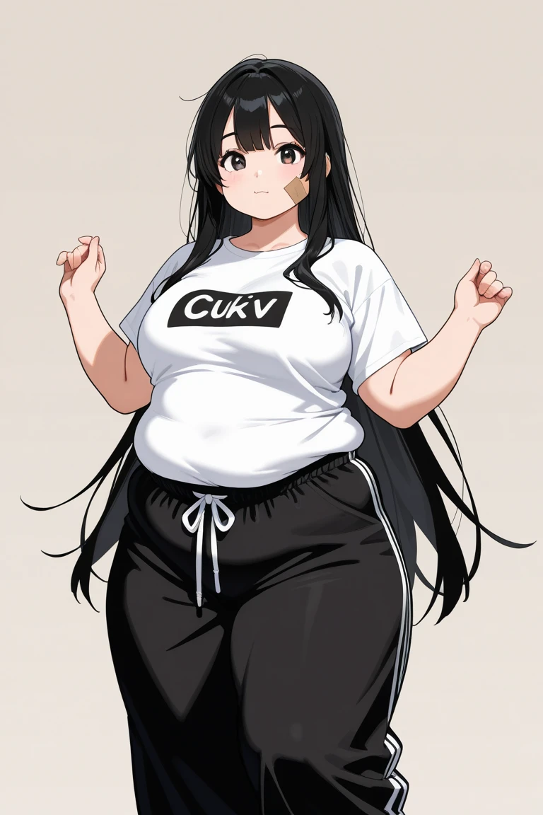 A fat woman, very obese, wearing a shirt too small for her and long sweatpants, long black curly hair