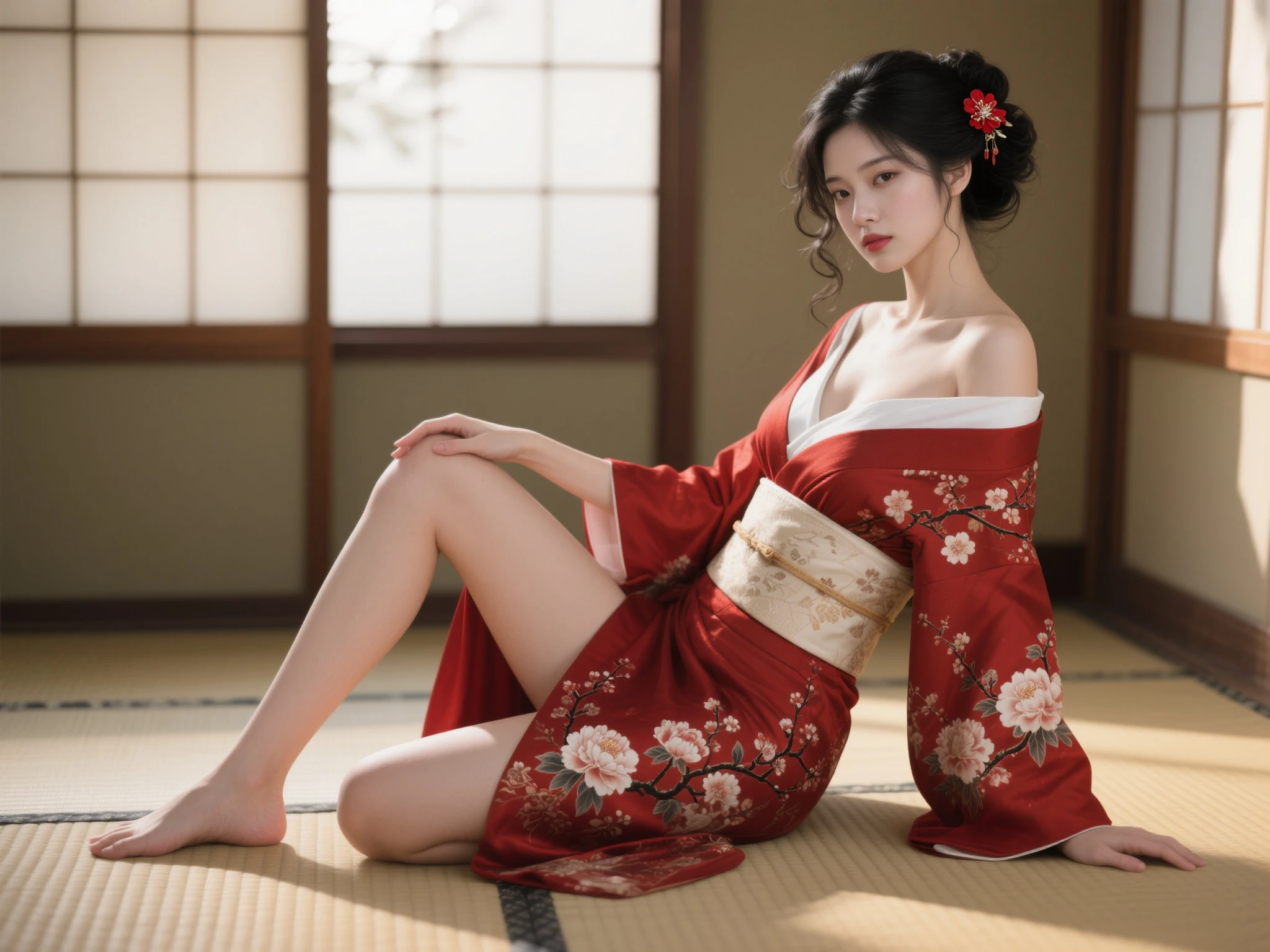 japanese girl, light brown eyes, ultra realistic, red gold and black traditional kimono, full body, laying down, top view, showing legs bed of cherry blossoms