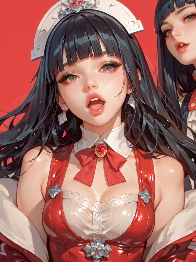 (Ahegao:1.5)、sticking out the tongue、red blush、full of shyness,Braid hair、Young Girl, Long Black Hair, Brown eyes, Eyeglasses, Naked, huge-breasted, heavy oil, masutepiece, hiquality、Bedrooms