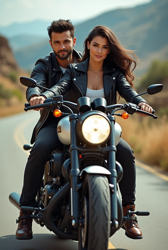 A beautiful couple riding a bullet bike