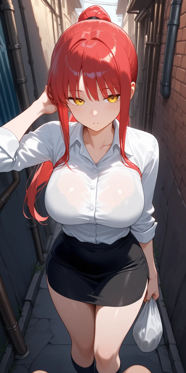 (masterpiece, best quality:1.2), solo, 1girl, red hair, yellow eyes, makima,, big tits,big ass unbuttoned shirt with collar, on the chest, a lot of, black unbuttoned pants, wide hips, no panties, wet, hot. view from behind