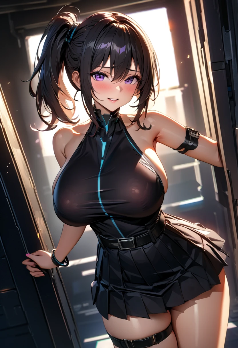 Anime Kawaii sexly Perfect Slim sensual body large breast and huge thighs, An intricate and highly detailed illustration of anime (Young girl ((highest quallity)), ((work of art)), (detailded), A person,age 25,(black knit sweater),(mini-skirt),bare one shoulder,breasts big,blush,below the bust,(Your cleavage is visible),(excited expression),(seduce),natta,hinterland,ruins,nattaのruins,Poor lighting,(in a dimly lit room),(in a messy room),Be careful when browsing,sexly,grimy,sweat,(Black knee-high socks),