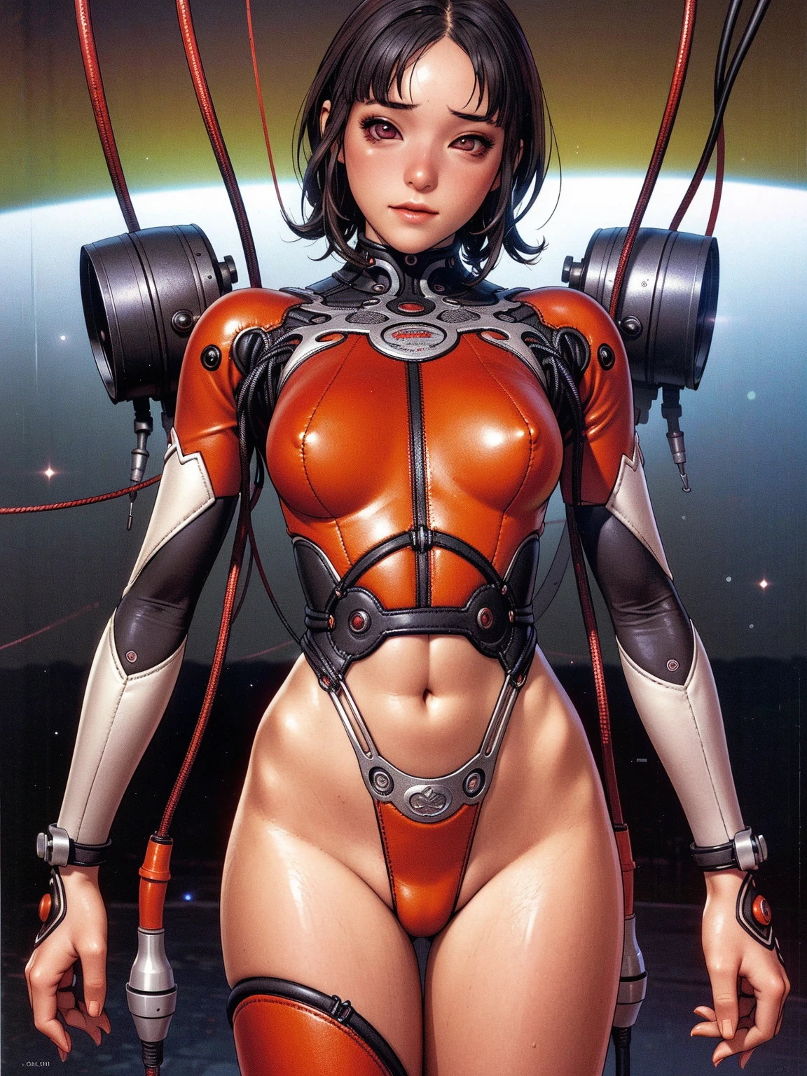 (((Woman))), (((best qualityer))), (((​masterpiece))), (((grown-up))), (((red suit with vertical stripes))), (((1girl))), ((( hair black ))), (((red))), (((short dress))), (((bob haircut))), A girl wearing a red leather mini dress with vertical seams, Dress fitted in the chest and chest widening from the waist down, big breasts, wide V-neck, Zipper in the center of the neck, shoulders and arms covered by a tight black blouse with multiple buckles, black gloves, wide bracelet, coxas nuas, garter belt holding red leather stocking, (((Loire))), (((messy hair))), almost naked in the style of Adam Hughes for the cover of Penthouse comix magazine, Cyberpunk mini-dress, Minimum clothing, red futuristic dress, (((from the knee up))), ((( short blonde hair ))), Ao fundo, An abandoned factory with an intricate design, (((Giant machines))), Two-tone lighting, film granulation