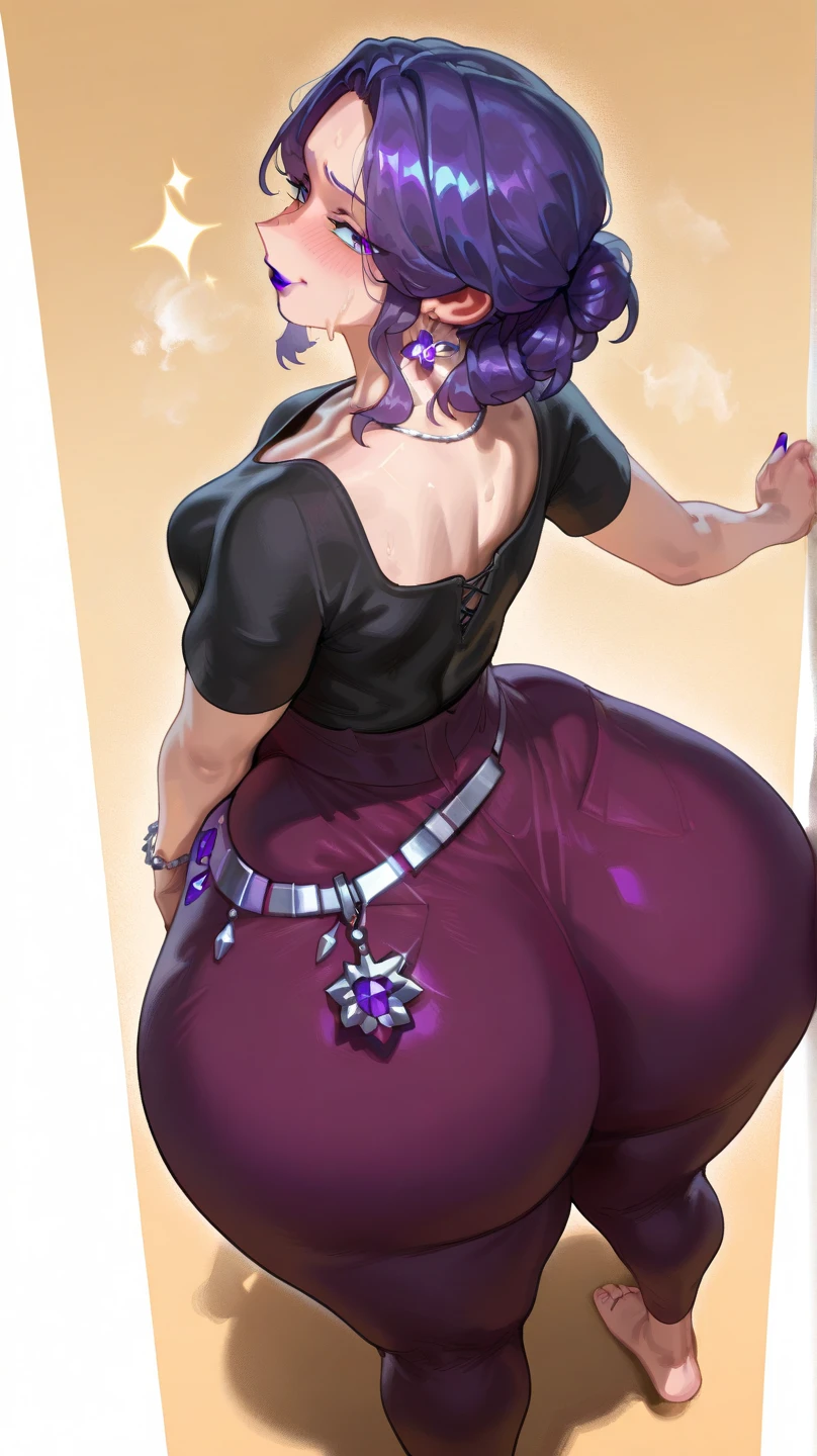 (8k, raw photo, best quality, masterpiece:1.2), (intricate details), perfect eyes, perfect face, perfect lighting, beautiful, (masterpiece:1.2), (best quality:1.2),((Odalia is a witch with a curvy build that contrasts with the sharp features of her face. She has two-tone mint green hair, lighter on the top layer and darker on the bottom layer, with a lighter part on top, Odalia has blue eyes.) )Clothes(( Odalia wears a purple blouse with a white petticoat that has a pattern of three interlocking orbs, navy blue pants, and gray high-heeled boots))Additional Features ((Odalia's hairstyle is tied in a bun reminiscent of a Roman nodus. She complements it with a necklace with a pink oval gem, purple lipstick and gold earrings.)) (big breasts, beautiful, colossal breasts, giant breasts, big breasts big breasts, big breasts, big breasts, ((very, very big breasts)), (big, beautiful breasts, colossal breasts, giant breasts, big breasts big breasts, big breasts, big breasts, Always looking at the viewer ((very, very big breasts)),