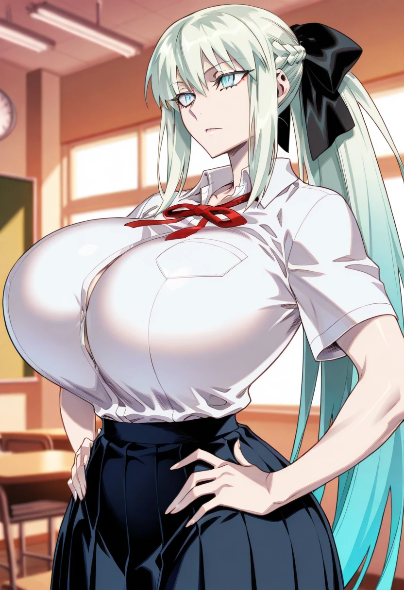 anime girl in a white bodysuit with a red tie, oppai, shikamimi, oppai proportions, with a large breasts, full body xianxia, shirabii, biomechanical oppai, seductive anime girl, rin tohsaka, tifa, with large breasts, pixiv 3dcg, thicc, kotegawa yui