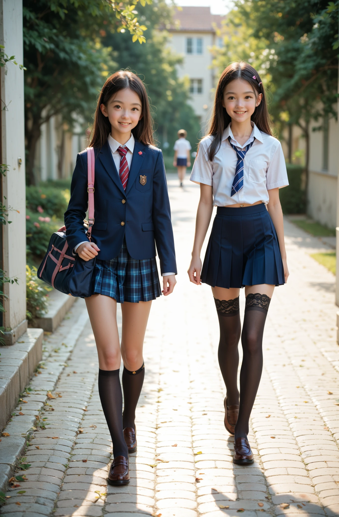 (8k, RAW photo, top quality, masterpiece: 1.2), (realistic, photorealistic: 1.37), one girl, schoolgirl, beautiful face, smile, squat, uniform, flipping skirt, legs open, bra show