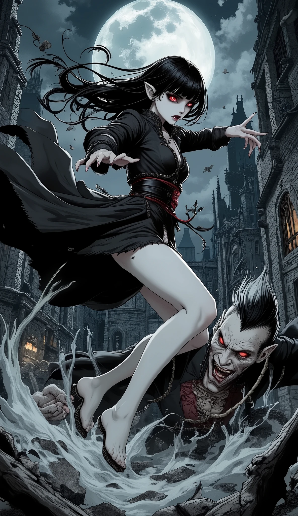 (A fusion of Ukiyo-e and dark fantasy. Aesthetic and gothic digital art. Illustrations are drawn from a bird's eye view from above.) BREAK (Jet black hair. Blunt bangs. Black eyebrows. Long black eyelashes. Almond-shaped eyes. Glowing red eyes. Dark, thick eyeliner. Smoky makeup. Small pink lips. Round, small ears. Pale, translucent skin. Thin arms and legs. Thin fingers. White fingernails. One thumb and four fingers accurately drawn.) BREAK (A fierce female dhampir, her face contorted in a snarl, mid-air, delivering a powerful kick to a snarling vampire in a crumbling, moonlit castle ruin in medieval Eastern Europe. Debris flies, and the vampire's eyes glow with malevolent red light. The scene is dynamic and full of raw power.)