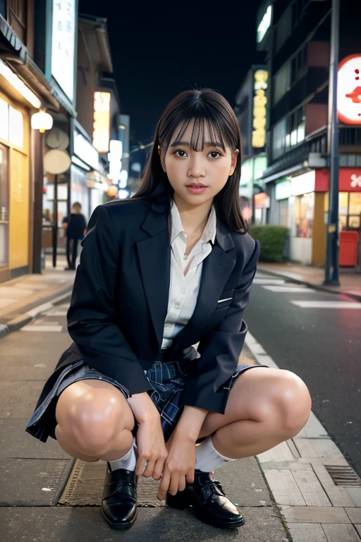 (8K、Raw photography、top-quality、masterpiece:1.2、realisitic、Photorealsitic、highcontrast、photon maping、photon maping、Photorealsitic、ultra-detailliert、profetional lighting、low angles:1.2)、(1 girl in)、(独奏:1.5)、(full body Esbian)、(Height is 165 cm)、(16-year-old schoolgirl)、(light-brown long hair,、sun burn、Ganguro, Brown skin: 1.2)、(Shinjuku at night Japan)、(Sidewalk lined with shops)、(Japan high school uniform and designated shoes)、(Dark blue blazer:1.2)、(short plaid skirt:1.5)、(White shirt for students)、 (neck tie:0.6)、(Looking at the front and squatting with the crotch open)、(Uniform taken off to the shoulders、Fluttering chest、Exposed beige bra: 1.5)、(Skirt flipping)、(MCharacter opening leg)、(100 degree leg opening)、(crotch open:1.2)、(Light brown medium hair)、(See-through wet white panties:1.5)、(cammel toe)、(Black loafers:1.5)、(beauitful face:1.3)、(perfectly proportions:1.2)、(Long feet:1.2)、(small tits:1.3)、(Panties can be seen from under the skirt:1.3)、(woman's pubic area is clearly visible:1.4)、(Have pubic hair:1.4)、(witheout panties:1.2)、(Textured skin)