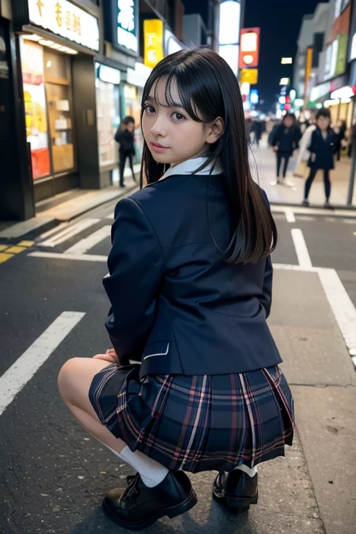 1 Female、(so beautiful)、(Beautiful Face:1.5)、The outline of the pubic area is clear、squat、Spread your legs、(High School Uniform)、(Dark blue pleated skirt)、(Wear black loafers)、(Shibuya sidewalk at night)、Neon Signs、(At S.F.W.:1.1) The lower half of the body is naked and a penis is inserted.