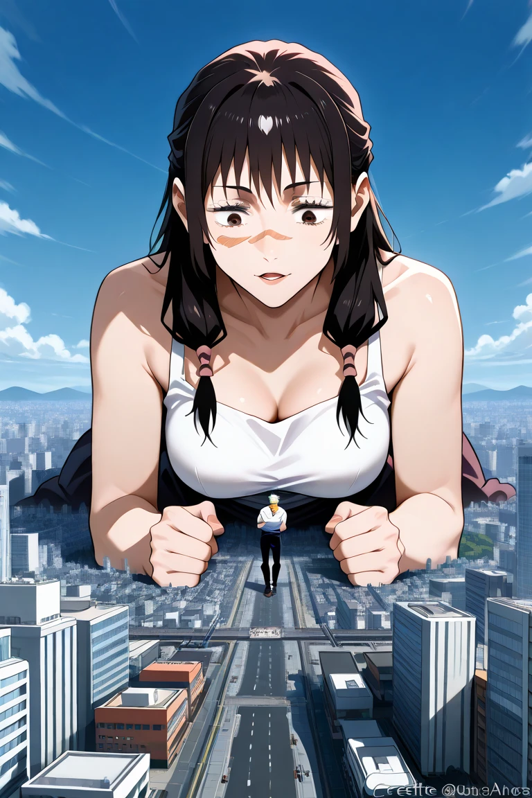masterpiece, best quality, 2others, couple, 1man with 1woman, Height difference, happy, love, smile, casual clothes, oversized shirt, different fashions, modern urban street, hat,GtsGiga,Gtscity,cityscape, giantess,Rampage, enthralled in despair,sadistic smile,towering the couple,giantess with tinies