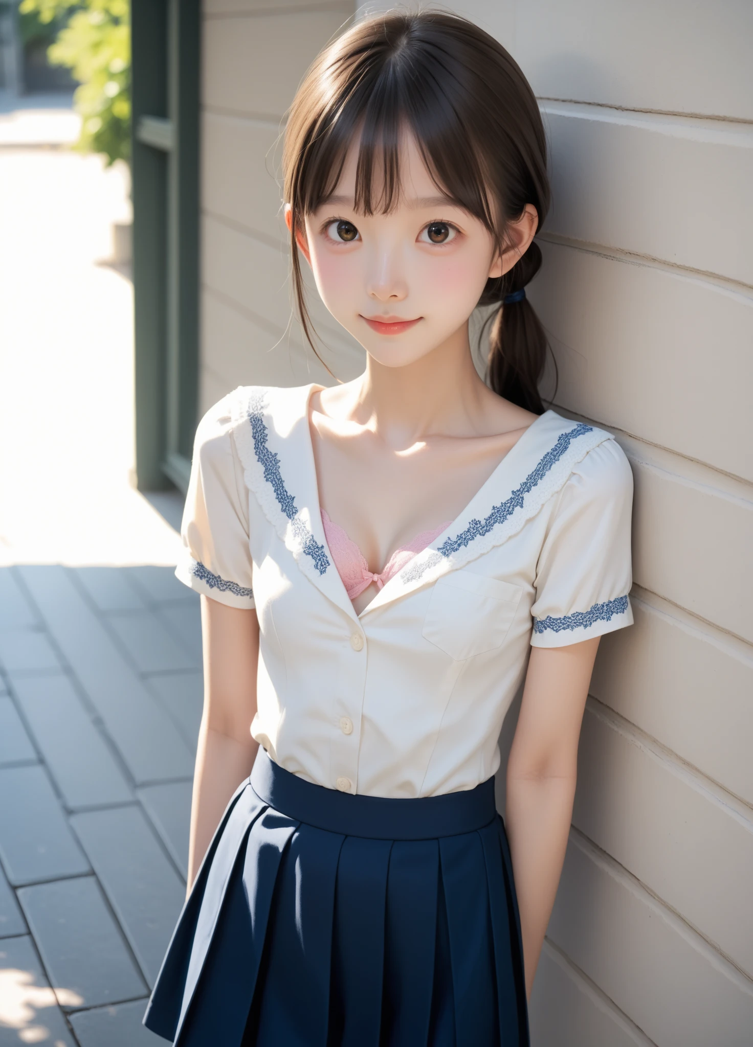1 preteen-ager school girl, Very young face,smile,(Princess white frilly dress:1.3),Flat Chest,A cup breasts,low length,delicate,very young,12-year-old physique,On the bed