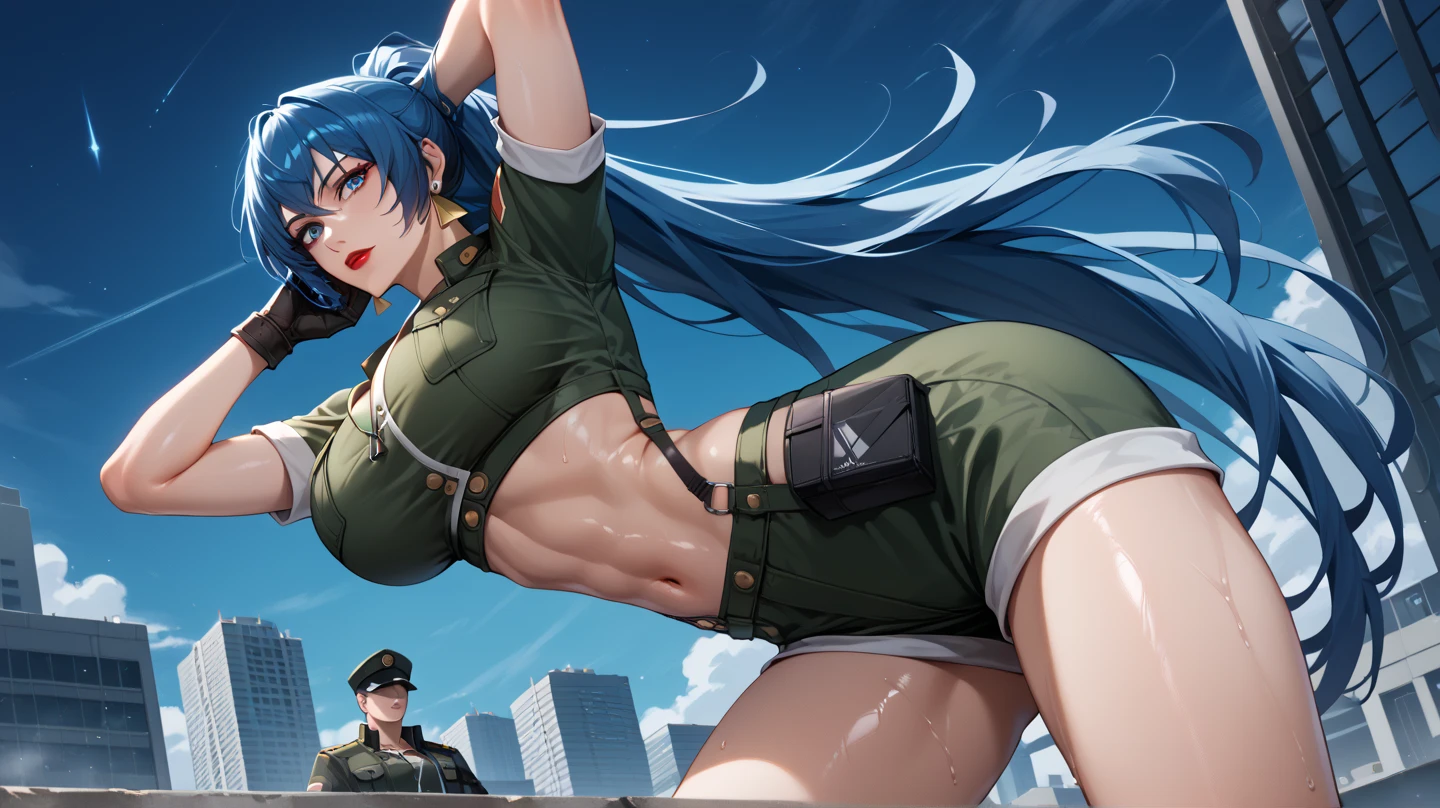 masterpiece, best quality, anime 1990s \(style\, leona heidern, sexy, naked, thong ,open vest., jungle, tactical, pony tail, serious, cammo, army, soldier, blue hair, warfare, war, wet, gloves, sexy pose, jungle girl, perfect hands, five fingers, long hair, tropical, belt. Sleeveless.