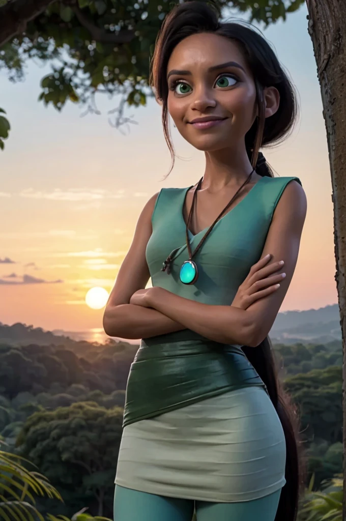 Dawn,black hair,green eyes,long hair,ponytail.,
necklace,dress,handwrap,sandals,cowboy shot,
solo,standing,upper body,happy,
tropical forest,treehouse,
(insanely detailed, beautiful detailed face, masterpiece, best quality),<lora:Dawn-10TCv7:0.8>,