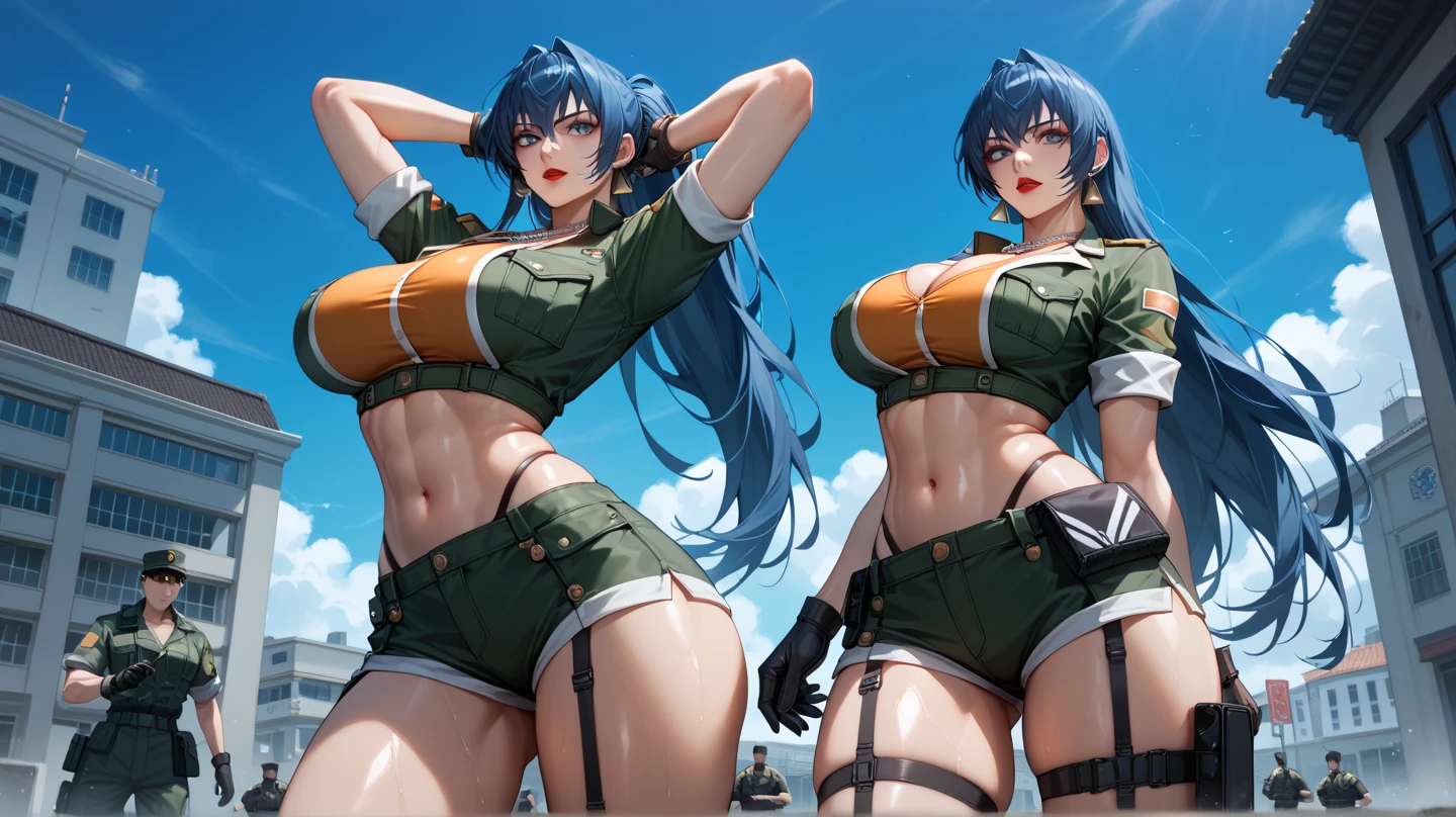 Beautiful anime girl, 1girl, busty, wearing WwII officer uniform, thick fur collar, long duster coat, posing infront of f-14 tomcat, fishnet stockings, lowcut unbuttoned top, pink lacy bra