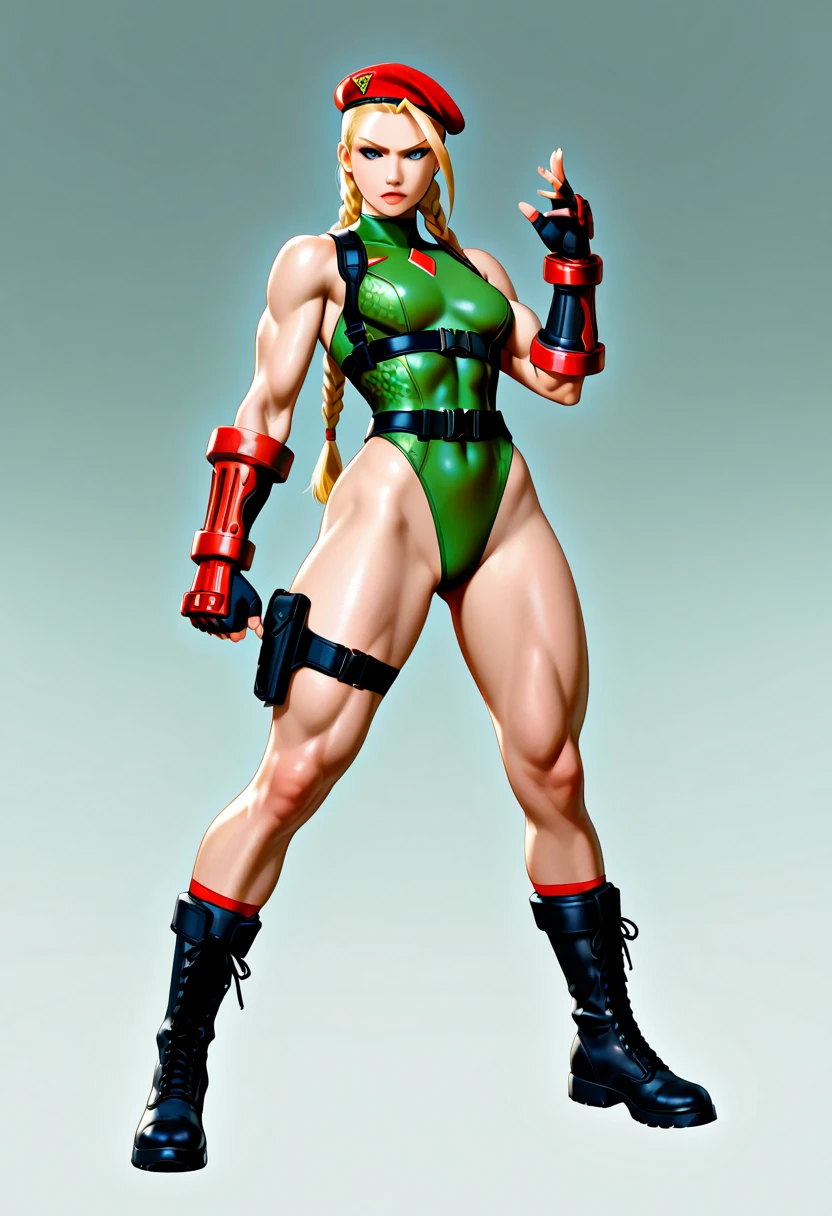 ((Plain background 1:2)) (Cammy White Street Fighter 6) Female full body standing straight symmetrical looking to the viewer RED full body armored (handcuffs, shackles, rerebrace, faulds, poleyn, gauntlets, leather collar choker) big belt under belly button, navel, belt over belly button ((hands on hips))