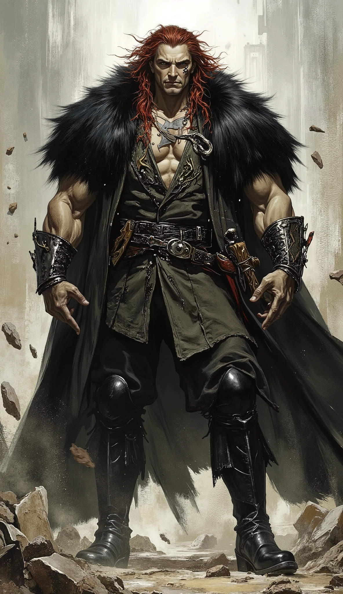 masterpiece, best quality, hyper-detailed, cinematic lighting, professional fantasy character illustration. A tall, immensely muscular middle-aged man, an imposing fantasy wuxia hegemon. He has a rugged face with a serious expression, a confident smirk, and sharp, piercing eyes. A prominent lightning bolt-shaped tattoo is on his left cheek. His hair is a wild, messy mane of long red and black strands. He is dressed in an ornate fantasy wuxia short-sleeved jacket over dark, form-fitting scale mail, with a heavy black fur shawl draped over his shoulders. He wears matching canvas trousers, detailed bracers, and tall black leather boots. He stands in a powerful, commanding pose on shattered ground, his immense aura causing rocks and debris to float in the air around him. Perfect anatomy, perfect hands with five fingers.