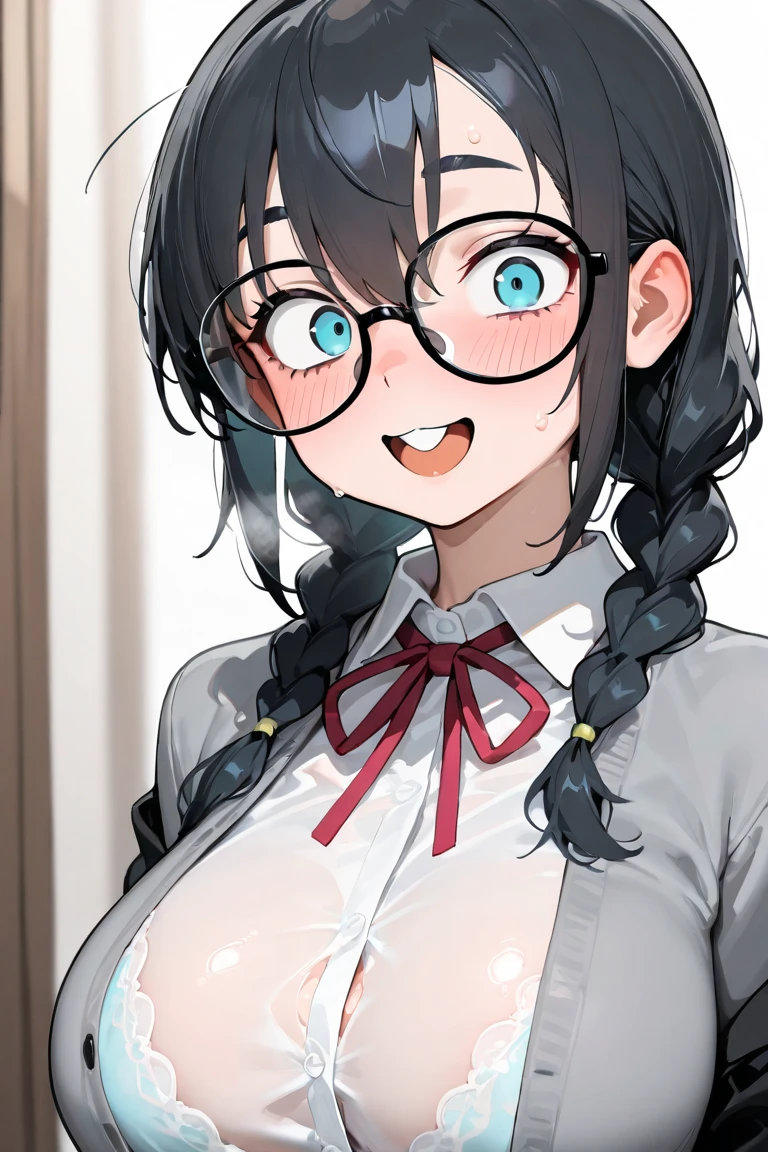 (fluffy anthro furry :1.6),cat girl,medium breasts,dark blue hair,wavy hair,pink fur,at front door,raining,tokyo residental area,grey sky,cloudly,wet hair,water soaking girl,water dripping from girl on floor,glasses,soak white short arms shirt,see through,black necktie,soak black mini skirt,soak white stockings,erect nipple,upper body only,sexy face,giggle,two eyes close,full face blush,hands at cheek,standing