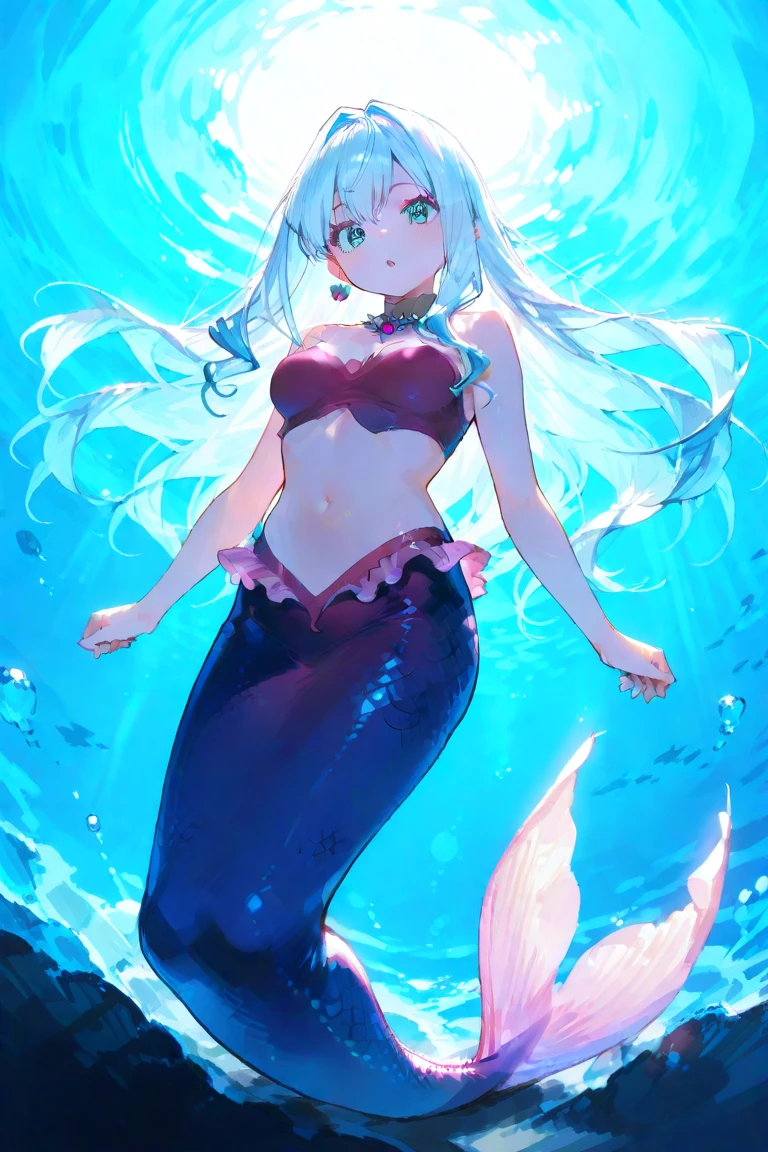 1girl, white hair, long hair, red eyes, cute face, cute, white clothing, revealing, big chest, bra, bikini, mermaid, tail, mermaid, water, smile, big eyes, soft, cute