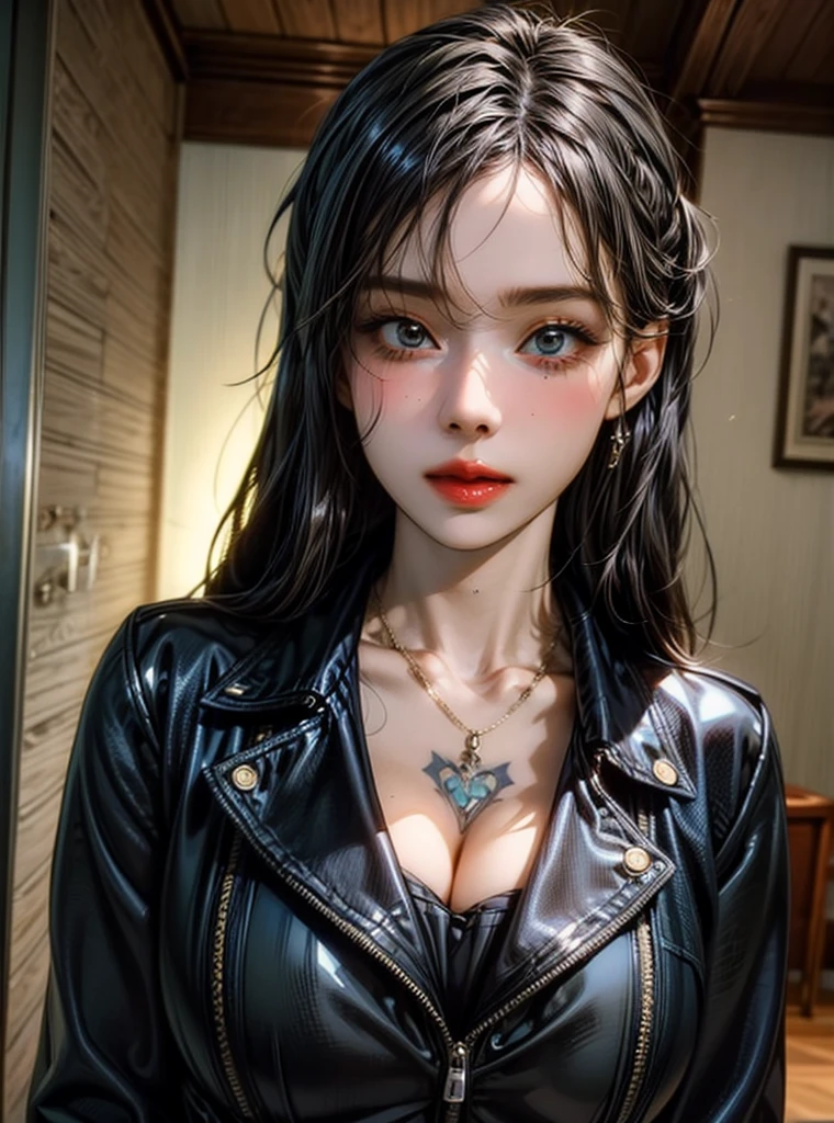Porcelain doll rockstar wearing leather jacket, bracelets, necklaces, masterpiece, spiral galaxy eyes, squid goddess, tendrils, dark iridescent hair, translucent, subsurface scattering, tiny dewdrops, oil slick rainbows, eyelashes "PxrMarschner", portrait, hyperrealistic, V-Ray, provocative, sensuous, voluptuous, topless, seductive look, tirant la langue