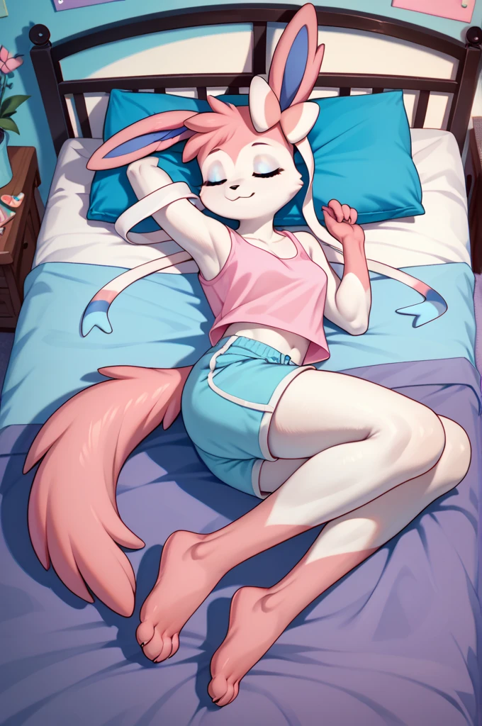 Furry, Nazuna_hiwatashi, Anthro, Female, Solo, Full Body, (Blue Bikini), Pink Hair, Pink Tail, medium breast, hips, Slim body, hips, medium breast, (lying) on her sofa, dressing room, (night), sleeping, closed eyes, (photo taken trough the window)