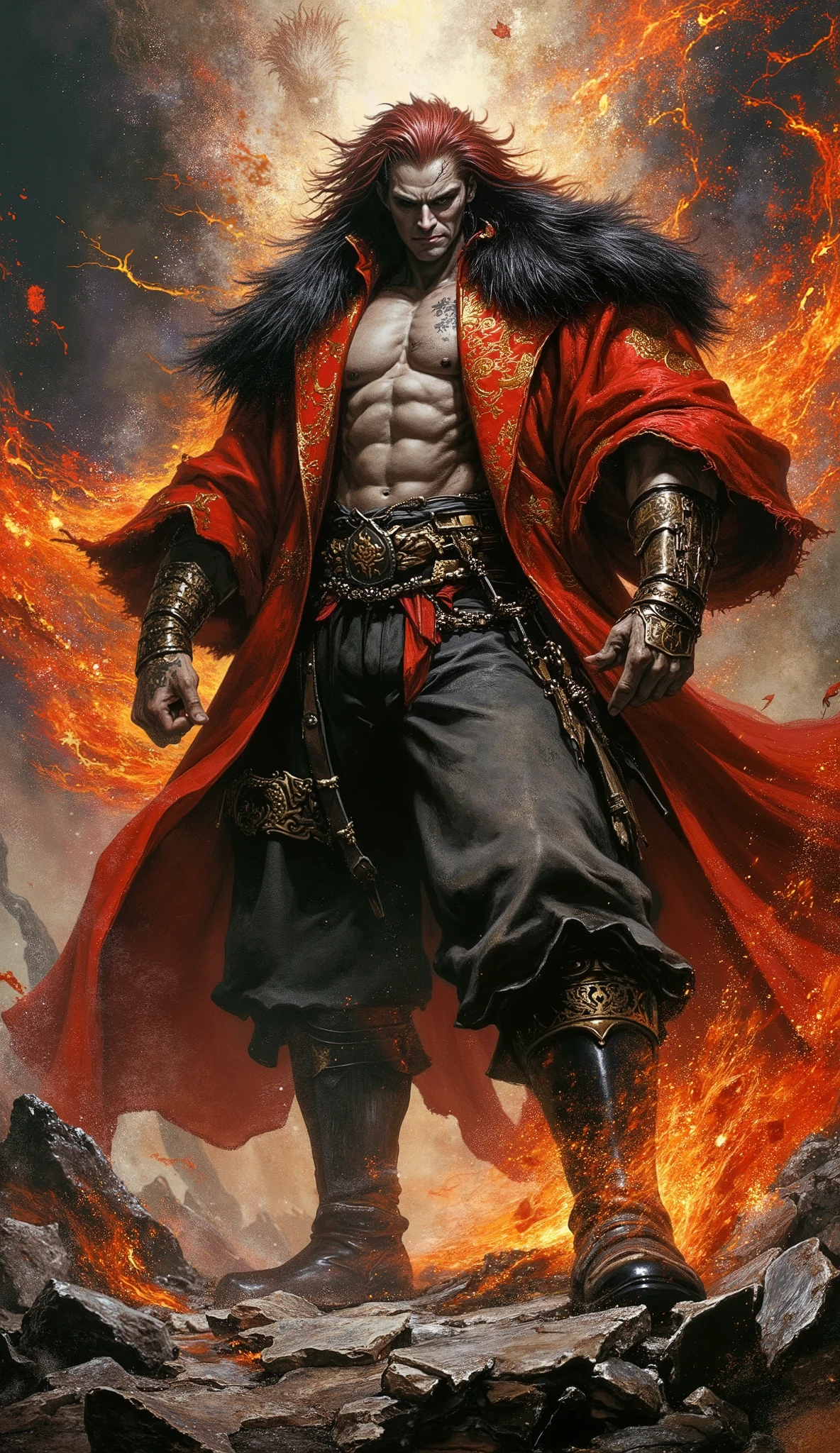(epic fantasy character art, dynamic composition, style of Ruan Jia and Frank Frazetta, hyper-realistic, insanely detailed, 8k resolution) A colossal, battle-hardened wuxia overlord in his prime, exuding raw power and absolute authority. His face is a mask of chiseled granite, weathered by countless battles, a condescending smirk playing on his lips. His eyes, like burning embers, pierce through the shadows. A jagged, lightning-scar tattoo on his left cheek glows with faint, arcane energy. A wild, untamed mane of crimson and jet-black hair flows around him, caught in an unseen wind. He wears a masterfully crafted, short-sleeved silken jacket of imperial red, adorned with intricate golden dragon embroidery, worn open over dark, interlocking plates of gleaming obsidian scale mail. A massive, heavy shawl of black dire wolf fur is draped across his powerful shoulders. His arms are protected by ornate, bronze-inlaid bracers. He wears rugged, dark canvas trousers tucked into tall, steel-toed leather boots, caked with the dust of conquest. Posed in absolute dominance on a ground of fractured, jagged obsidian. A visible, oppressive aura of crimson energy radiates from his body, causing shards of rock and glowing embers to levitate and swirl around him in a chaotic ballet. The air itself seems to crackle with his power. Dramatic, high-contrast chiaroscuro lighting, with sharp rim lights carving out his silhouette. Volumetric dust and smoke particles drift in the air, catching the intense, focused light source from above. Perfect anatomy, flawless five-fingered hands, cinematic color grading, professional digital painting, a sense of immense scale and power.