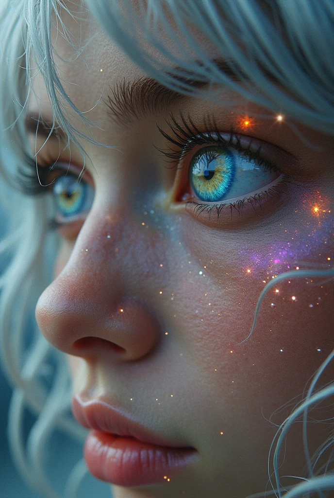 (Close-up of a masterpiece:1.5)0.9]，(Space and astronauts:1.2) (Messy silver hair:1.1) (Heterochromia yellow blue eyes:1.2) (Casque spatial:1.0) (Colorful stars in the eyes:1.0) (Dazzling light:1.1) (Thick lip:0.9)