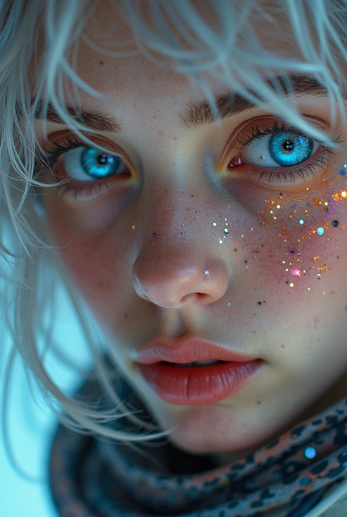 (Close-up of a masterpiece:1.5)0.9]，(Space and astronauts:1.2) (Messy silver hair:1.1) (Heterochromia yellow blue eyes:1.2) (Casque spatial:1.0) (Colorful stars in the eyes:1.0) (Dazzling light:1.1) (Thick lip:0.9)