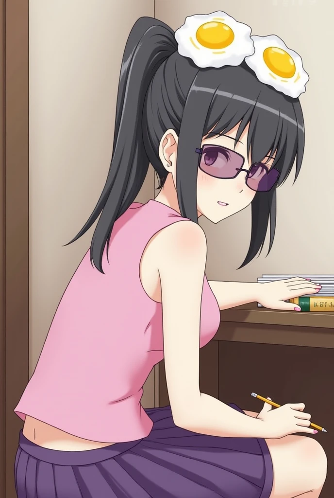 masterpiece, 1 girl , moderately sized breasts, solitude, Araragi Karen, head gear, eggs head gear, side ponytail, dark hair, food-themed head gear, fried eggs, purple-tinted eyewear {x} watching the audience, eggs (food),  long hair, (黑The eye:1.1), Purple skirt, Sleeveless,  Pink shirt , operate, Books, get a pencil, pervert smirk
