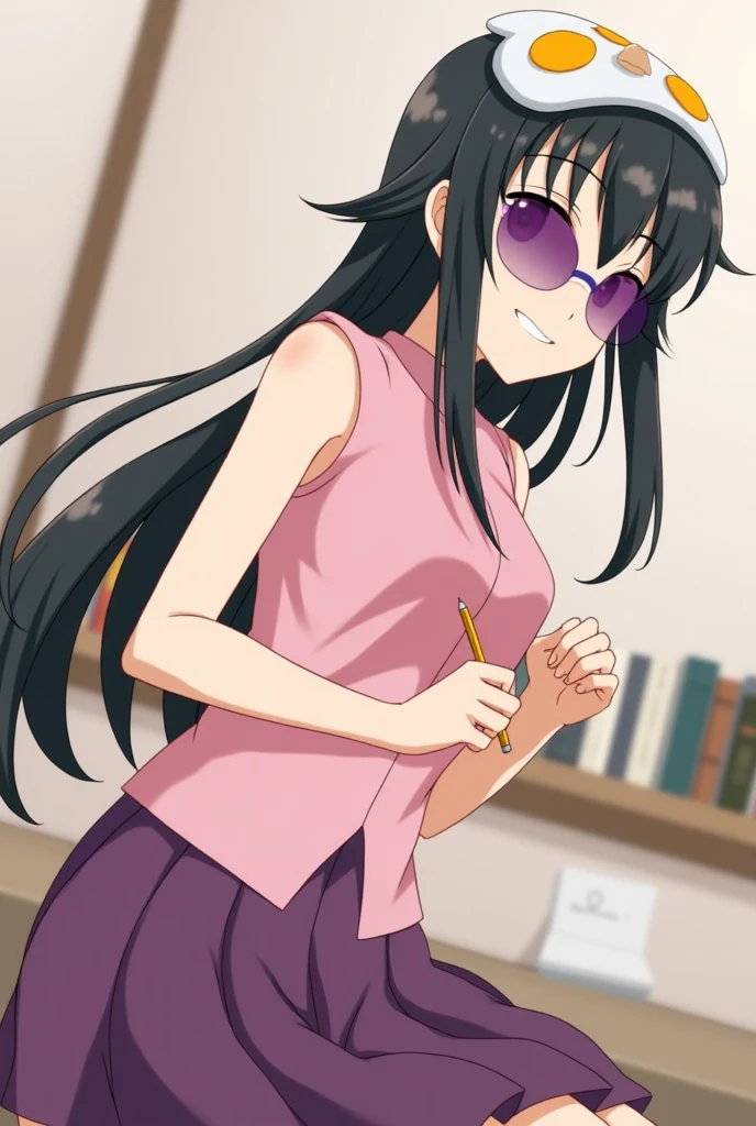 masterpiece, 1 girl , moderately sized breasts, solitude, Araragi Karen, head gear, eggs head gear, side ponytail, dark hair, food-themed head gear, fried eggs, purple-tinted eyewear {x} watching the audience, eggs (food),  long hair, (黑The eye:1.1), Purple skirt, Sleeveless,  Pink shirt , operate, Books, get a pencil, pervert smirk