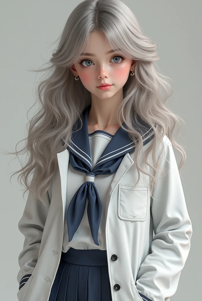 ((has half a white lab coat on the outside)),(sailor collar uniform),The shirt, the pleated skirt,[:(Detailed expressions:1.2):0.2], RAW photos , (masterpiece), (), high resolution, (realistic, photo-realistic:1.2), VERY DETAILED, Physically Based Rendering, 1 girl , Air bangs,  long hair, (silber hair), curlies,