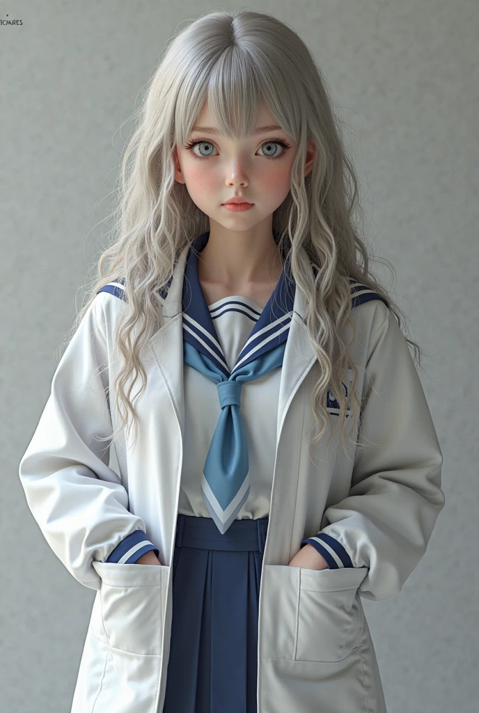 ((has half a white lab coat on the outside)),(sailor collar uniform),The shirt, the pleated skirt,[:(Detailed expressions:1.2):0.2], RAW photos , (masterpiece), (), high resolution, (realistic, photo-realistic:1.2), VERY DETAILED, Physically Based Rendering, 1 girl , Air bangs,  long hair, (silber hair), curlies,