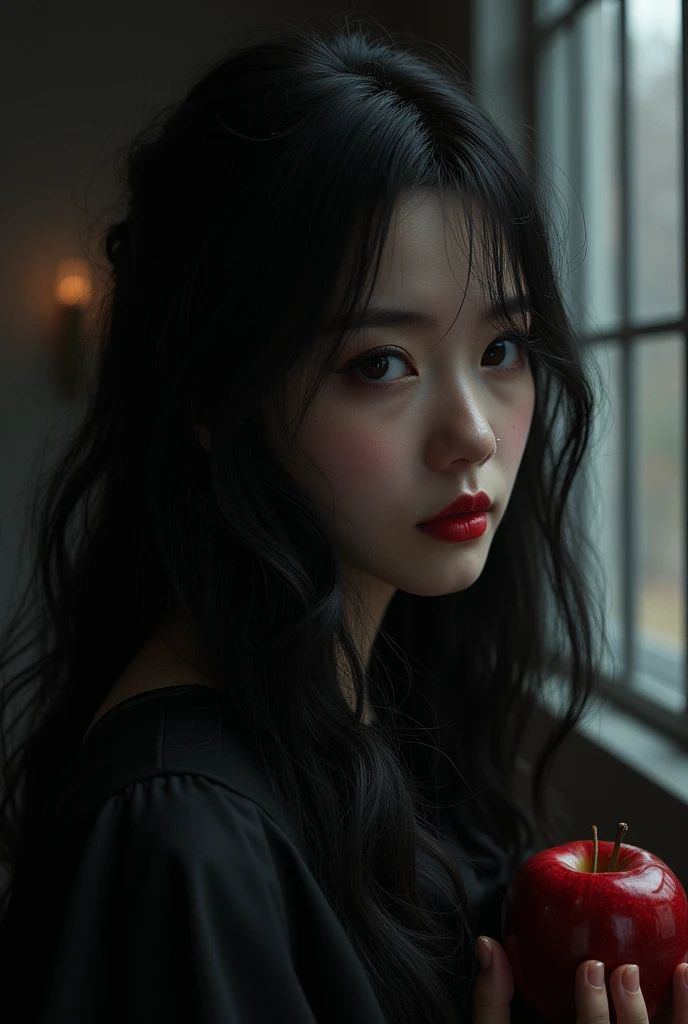 ((RAW photos )，Absurd  ，(Absurd  分辨率))，masterpiece，Top quality，(Extremely Detailed 8k Unity CG Wallpaper)，(best illustration)，(BEST SHADOW)，realistic illumination，Beautiful and Detailed Wonderful ，((21yo))，girl，longblackhair，Black Queen，fittings，Take the apple，Poison apples，The Witch Queen，red lipsticks，(((Her Photographic Perspective)))