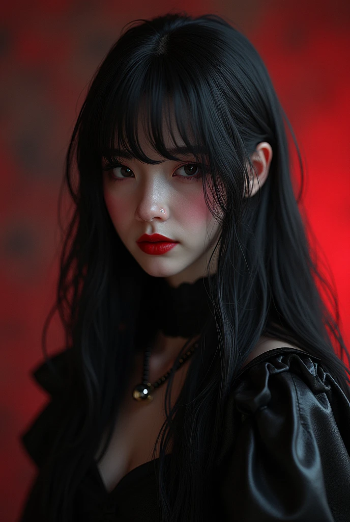 ((RAW photos )，Absurd  ，(Absurd  分辨率))，masterpiece，Top quality，(Extremely Detailed 8k Unity CG Wallpaper)，(best illustration)，(BEST SHADOW)，realistic illumination，Beautiful and Detailed Wonderful ，((21yo))，girl，longblackhair，Black Queen，fittings，Take the apple，Poison apples，The Witch Queen，red lipsticks，(((Her Photographic Perspective)))