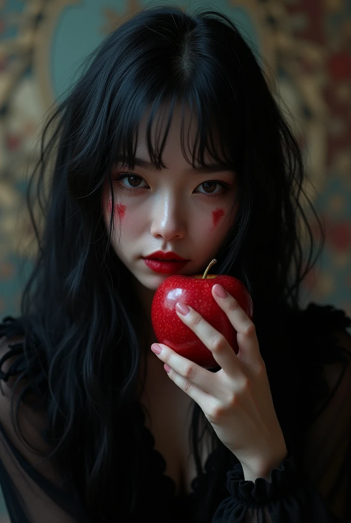 ((RAW photos )，Absurd  ，(Absurd  分辨率))，masterpiece，Top quality，(Extremely Detailed 8k Unity CG Wallpaper)，(best illustration)，(BEST SHADOW)，realistic illumination，Beautiful and Detailed Wonderful ，((21yo))，girl，longblackhair，Black Queen，fittings，Take the apple，Poison apples，The Witch Queen，red lipsticks，(((Her Photographic Perspective)))