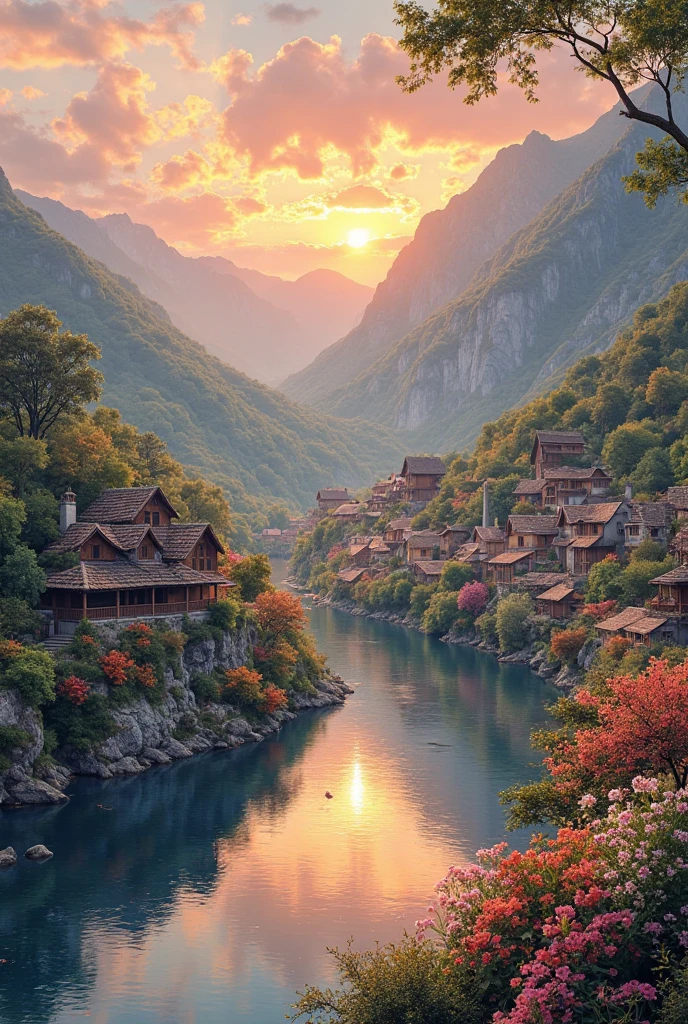 A small village by the river，The background is mountains，Flowers bloom，Vivid colors，Detailed scenery，Beautiful natural landscape，Ambiance Lighting，Scorching sunset，a warm color palette，utility，utility摄影，Delicate leaves，Complex architecture ， cobblestone streets ， charming country cottages ， swirling bright colors， dense vegetation ，Still water reflections，picturesque，Leisure and tranquility，artwork of a，Best quality，8k，Extremely detailed，anime style
