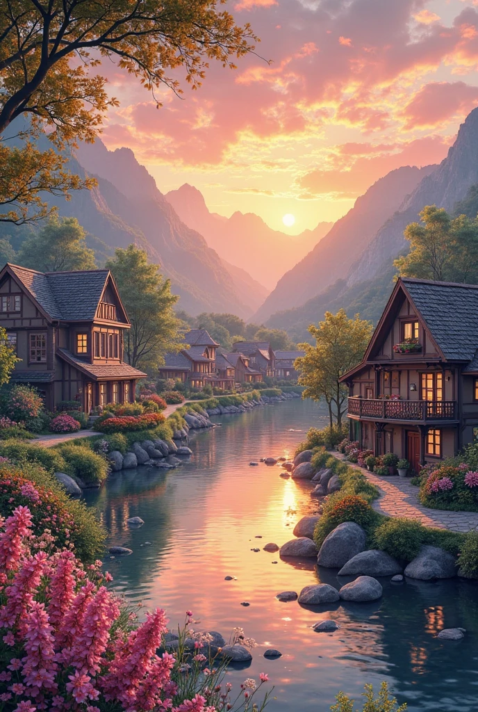 A small village by the river，The background is mountains，Flowers bloom，Vivid colors，Detailed scenery，Beautiful natural landscape，Ambiance Lighting，Scorching sunset，a warm color palette，utility，utility摄影，Delicate leaves，Complex architecture ， cobblestone streets ， charming country cottages ， swirling bright colors， dense vegetation ，Still water reflections，picturesque，Leisure and tranquility，artwork of a，Best quality，8k，Extremely detailed，anime style