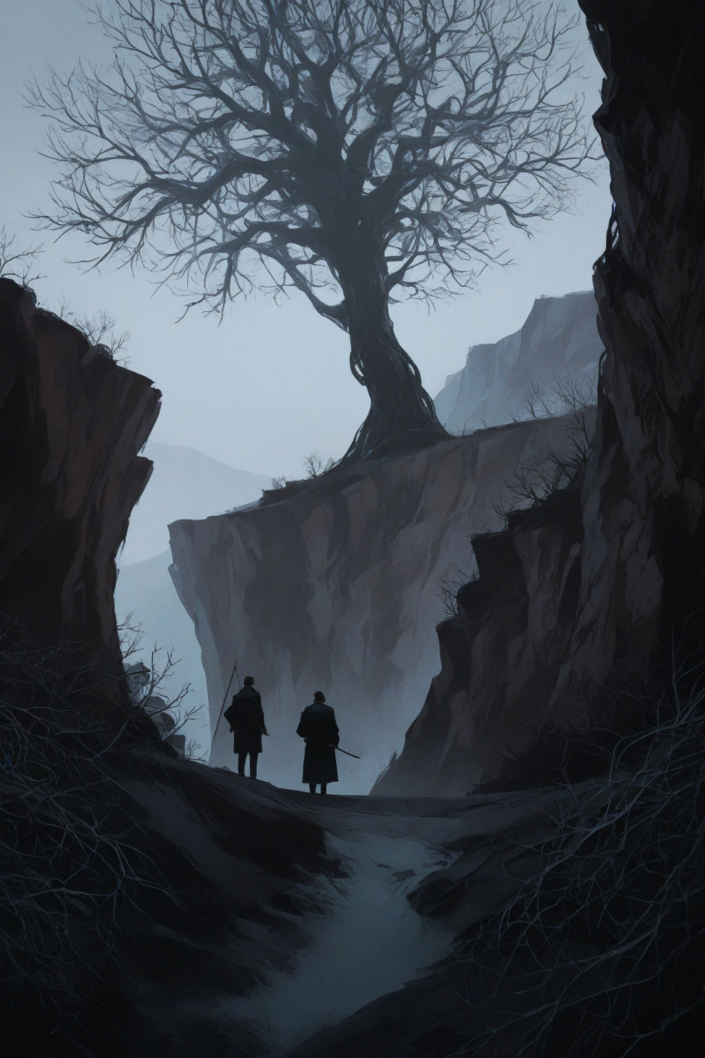 A dead tree on the edge of a cliff