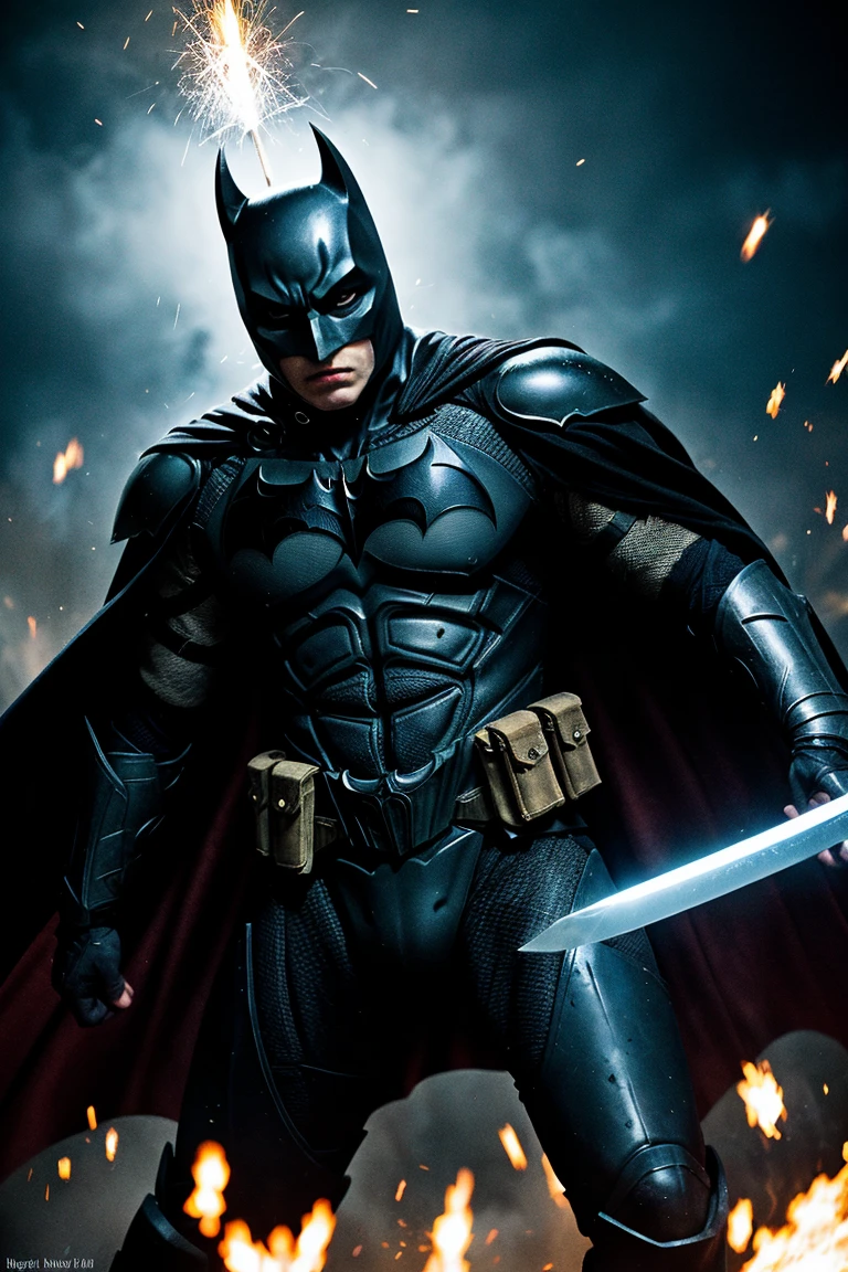 The Dark Knight, waving a huge blade rushing forward, sparks flying out of the armor. in a highly fantastical realistic style, drawn as a digital illustration with layered post-effects. blue fire backlight, Sword blade shines. details in the armor plate, motion blur on the cape. 8 thousand, Strong contrast, Hyperdynamic.