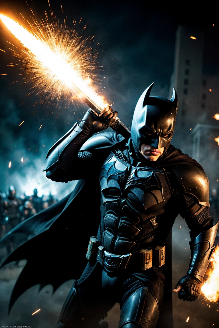 The Dark Knight, waving a huge blade rushing forward, sparks flying out of the armor. in a highly fantastical realistic style, drawn as a digital illustration with layered post-effects. blue fire backlight, Sword blade shines. details in the armor plate, motion blur on the cape. 8 thousand, Strong contrast, Hyperdynamic.