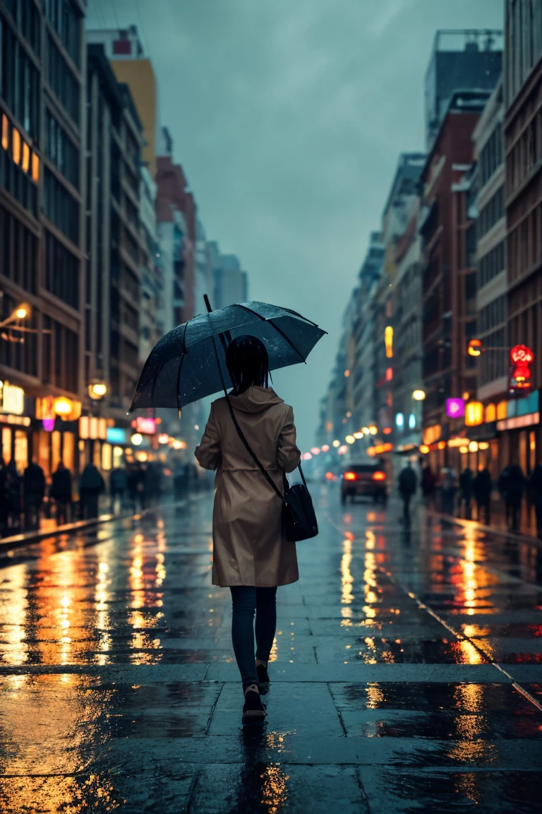 Girl with an Umbrella, Walking in the rain, The city at night, Street Reflections, posterior view, anime art style, digitial painting, Bokeh lights, Wet surfaces, Soft Edge Lighting, High Resolution Scene, Super Detail, masterpiece